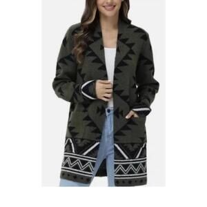 FRYE Womens The Cozy Aztec Open Front Cardigan Burnt Olive Green Size. S. BC